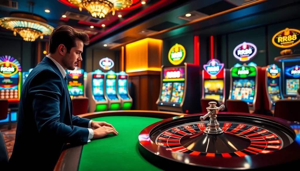 RR88 casino scene with vibrant slot machines, roulette wheel, and elegant poker setting.