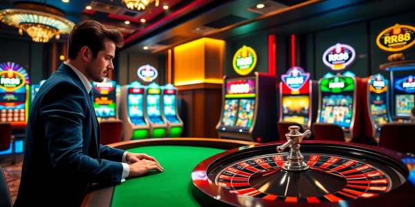 RR88 casino scene with vibrant slot machines, roulette wheel, and elegant poker setting.