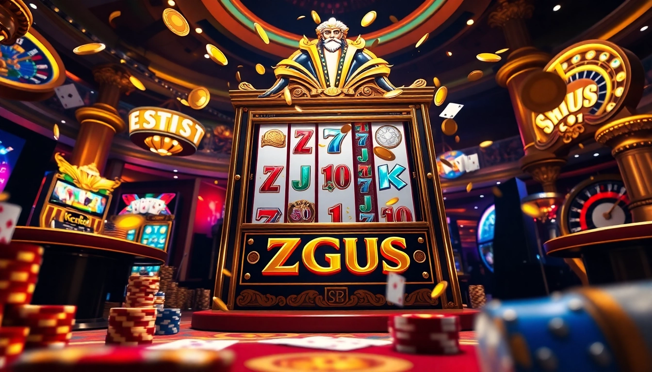 Experience the excitement of the Zeus slot with spinning reels and vibrant casino elements.