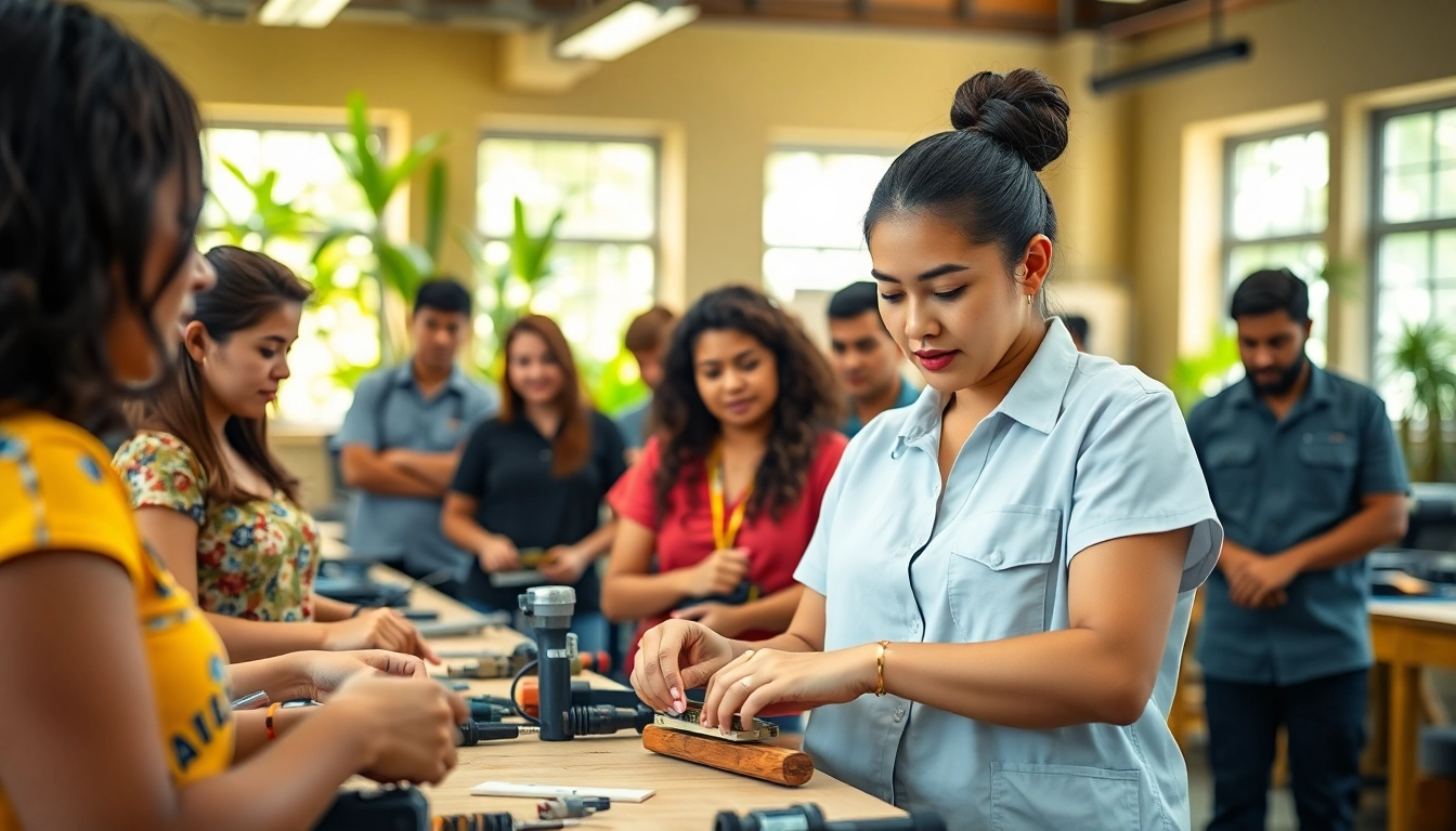 Students practicing skills at hawaii trade schools in a bright classroom setting.