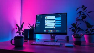 Futuristic digital workspace showcasing nsfw ai chatbots in a vibrant, engaging environment.