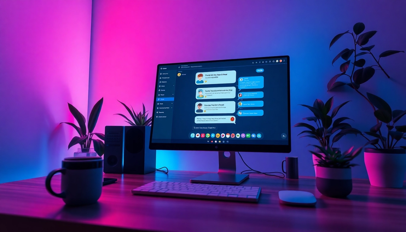 Futuristic digital workspace showcasing nsfw ai chatbots in a vibrant, engaging environment.