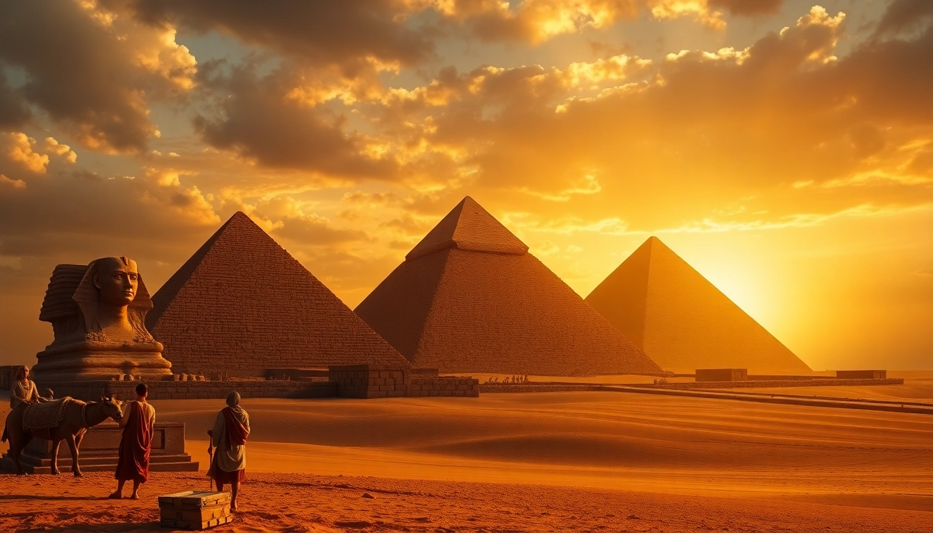 Discovering the ancient piraminds of Giza at sunset with captivating historical elements.
