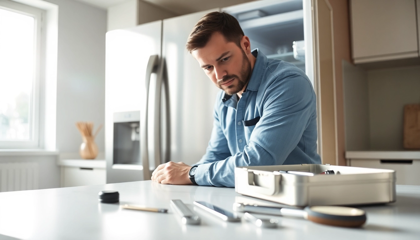 Technician performing refrigerator repair ottawa with tools in a well-lit kitchen.