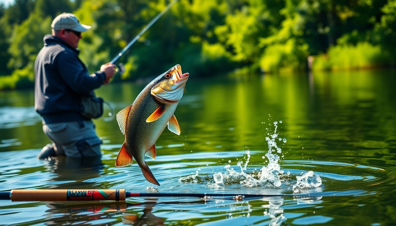 Casting a line while fly fishing for bass in a serene lake with vibrant greens and blues.