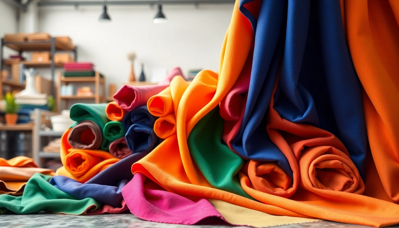 Spandex kopen met kleurrijke stoffen in een creatieve atelier setting.