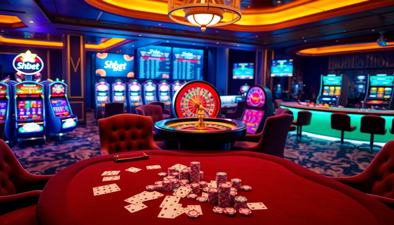 Experience the thrill of Shbet gambling in a luxurious casino setting with poker tables and slot machines.
