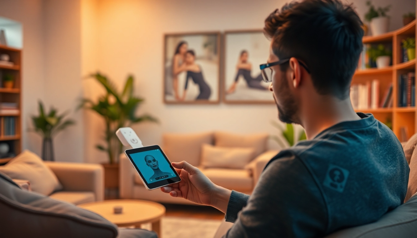 Engaging AI girlfriend interaction in a cozy living room setting with modern technology.