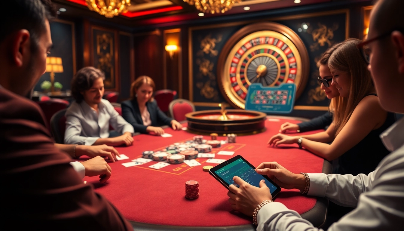 Jeu de poker captivant dans un cadre de casino en ligne France luxueux, avec des couleurs vibrantes et une atmosphère professionnelle.