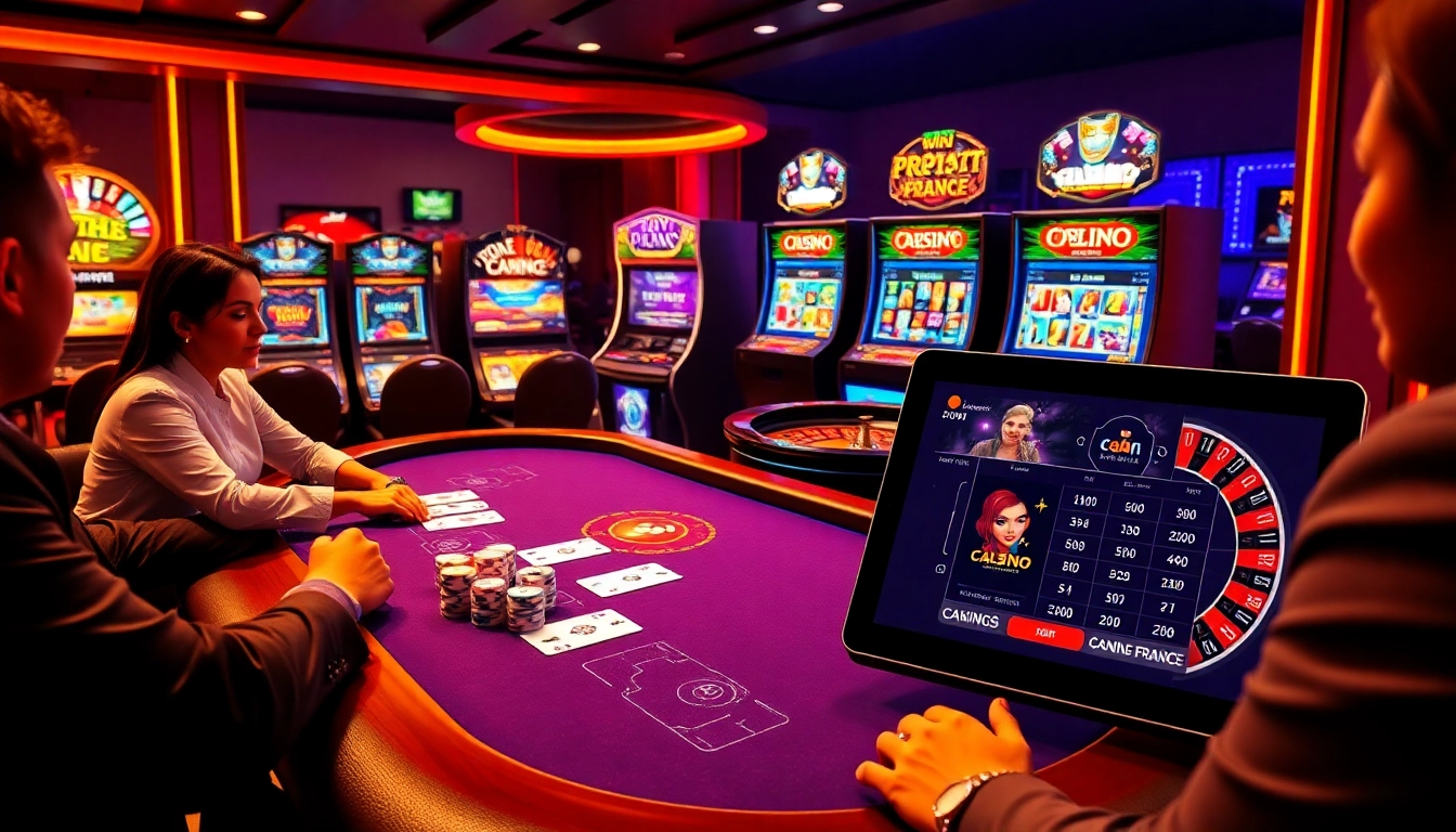 Scène captivante de casino en ligne France avec une table de poker luxueuse et des machines à sous vibrantes.