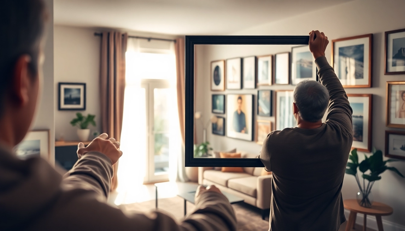 Person skillfully demonstrating picture hanging on a stylish gallery wall.