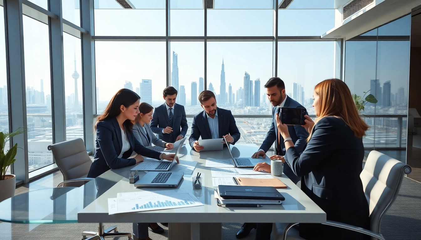 Audit Services in Dubai: Business professionals collaborating in a modern office.