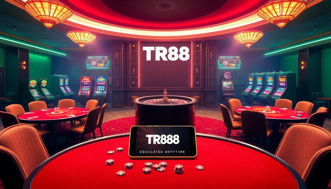 Experience the excitement of TR88 with vibrant casino visuals featuring tables, slot machines, and mobile gaming.
