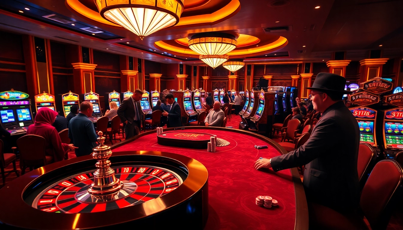 Exciting gaming at Go88 casino featuring poker tables and vibrant slot machines.