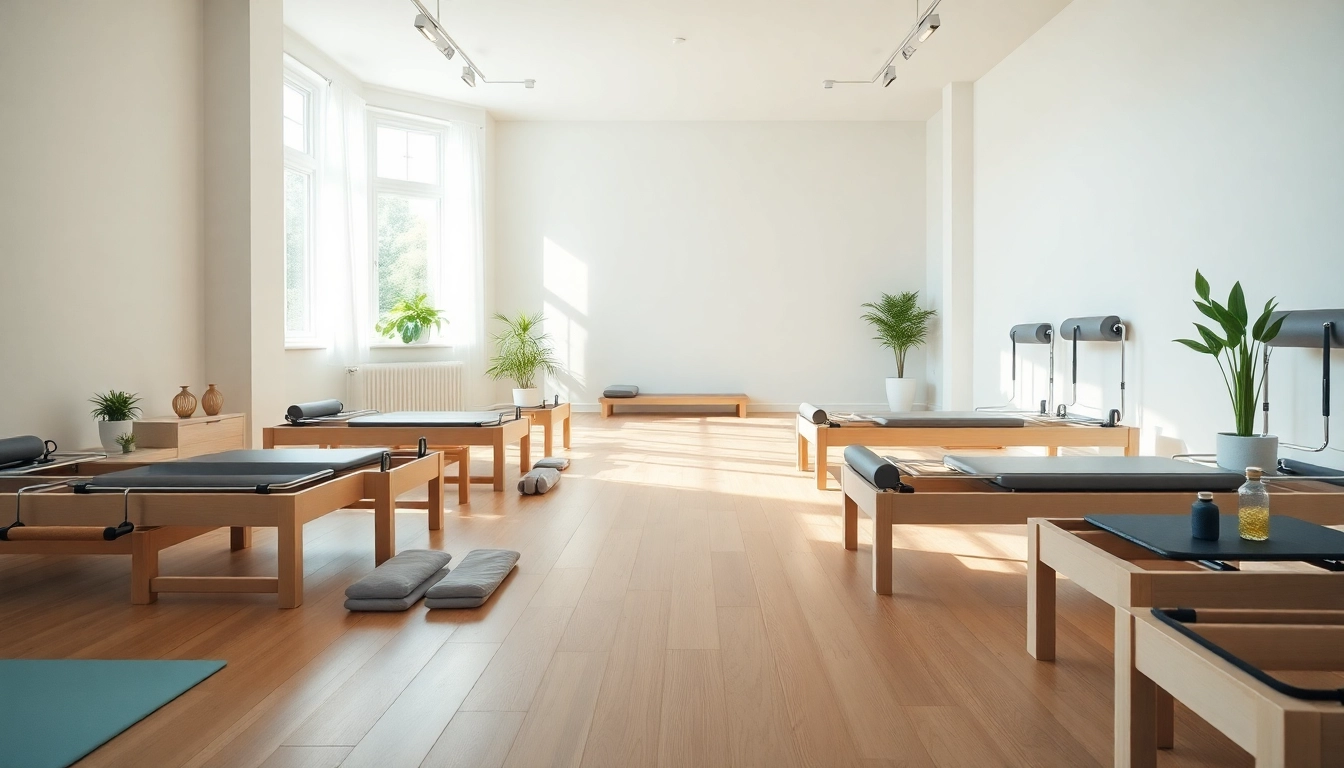 リフォーマーを使用した穏やかなピラティススタジオの環境と静かな雰囲気を探る。ピラティス おすすめ の要素を特徴としています。