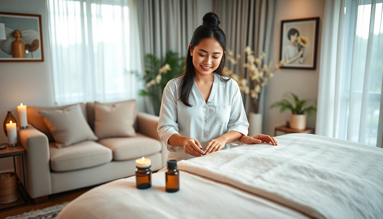 수원출장마사지용 자격을 갖춘 태국 마사지사가 등장하는 편안한 가정 마사지 장면.
