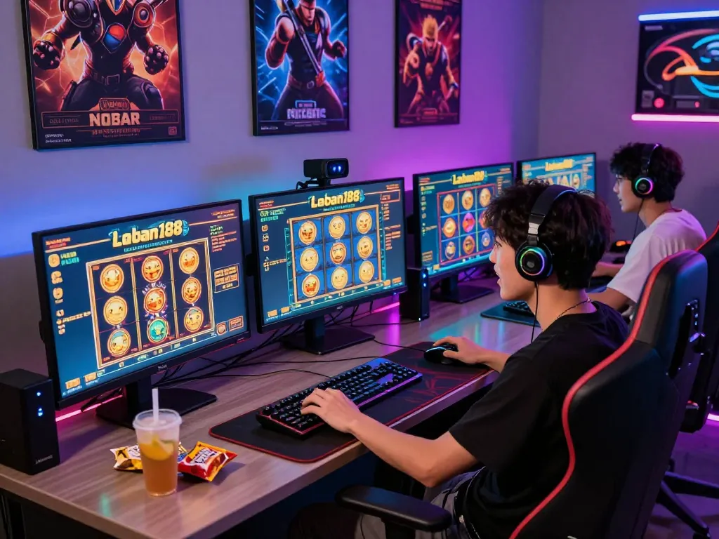 Pengaturan permainan laoban188 yang menarik menampilkan grafik permainan slot yang cerah dan seorang pemain yang terlibat dalam pengalaman tersebut.