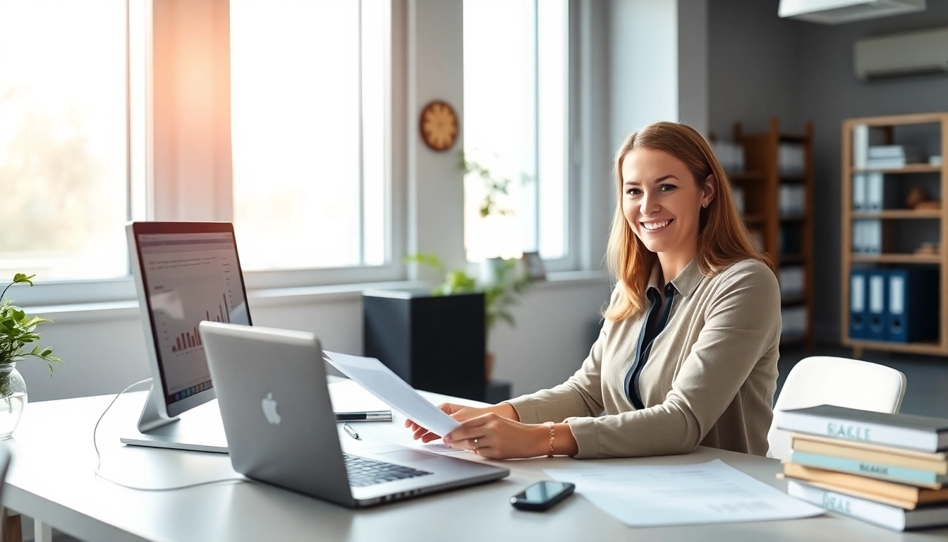 Zapraszające biuro księgowe w mieście Poznań, prezentujące Marzenę Owczarzak przy biurku, reprezentującą profesjonalizm i ekspertyzę w usługach finansowych.