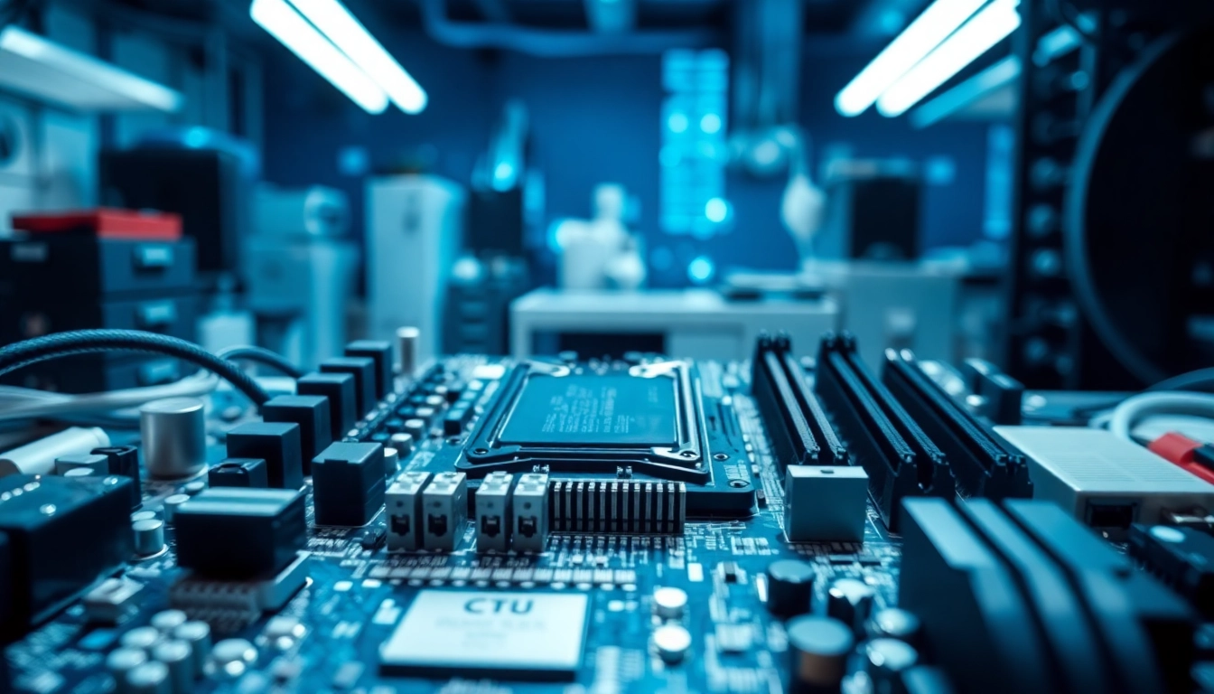 Intensive look at a płyta główna surrounded by electronic components in a high-tech setting.