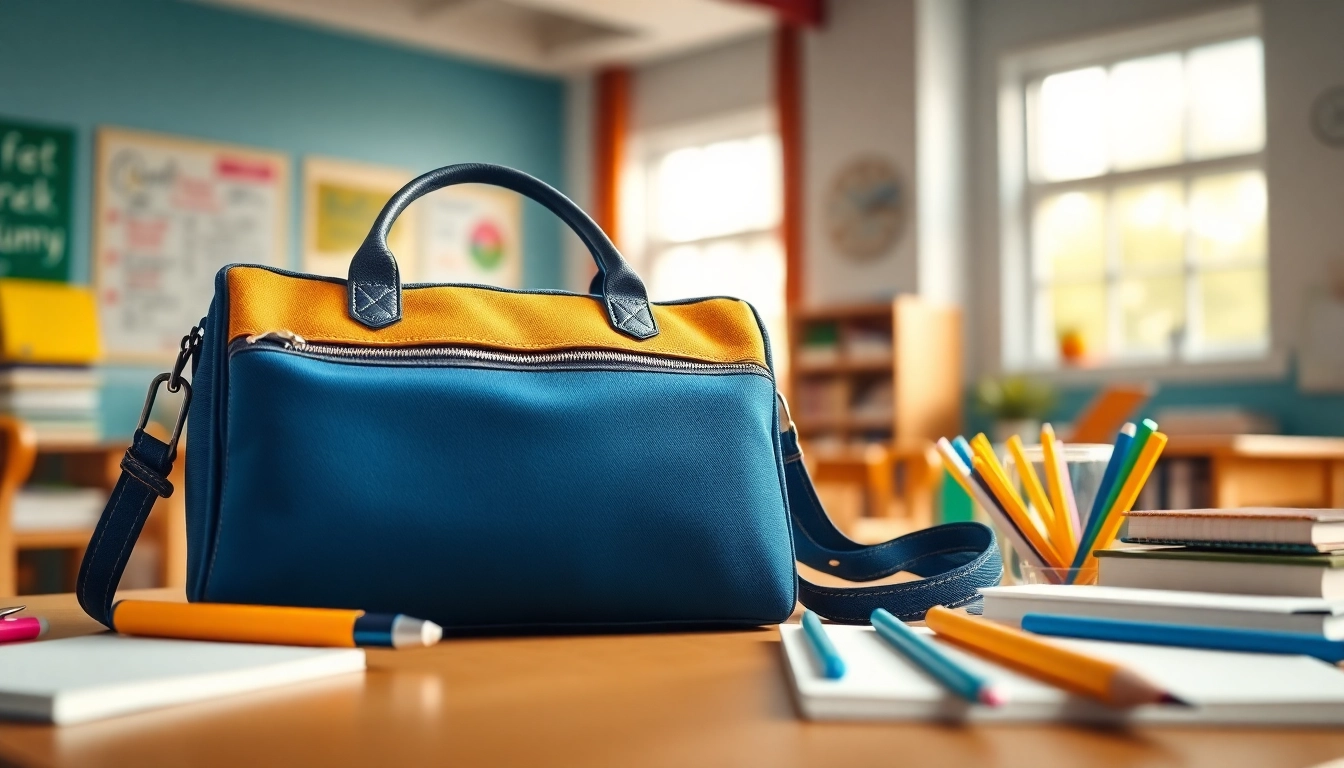 Eine stilvolle Handytasche Schule auf einem Schreibtisch mit Schulmaterialien.