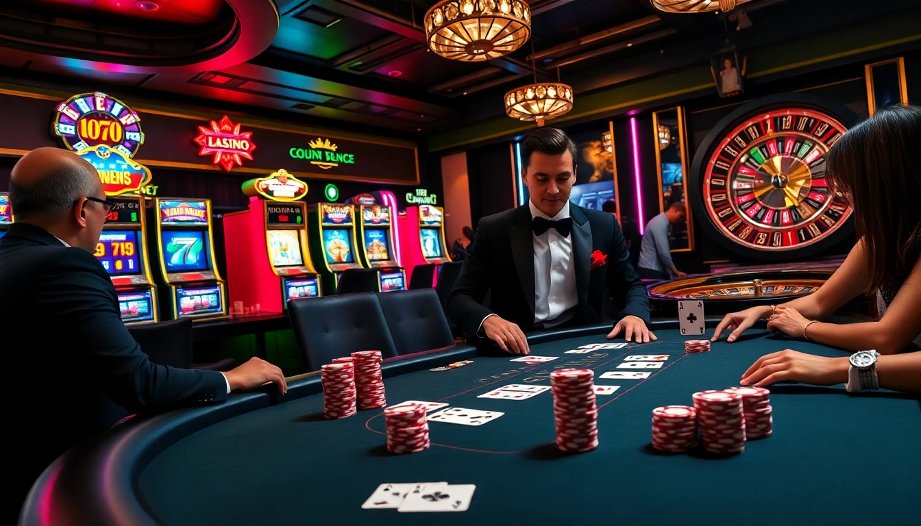 Vivez l'excitation du casino en ligne France avec une table de blackjack animée et des machines à sous colorées.