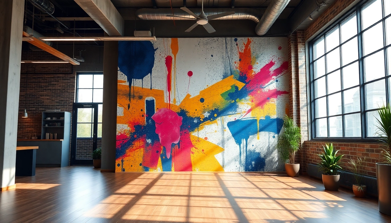 Transformacyjny mural ścienny ukazujący żywe wzory w betonie, drewnie i szkle.