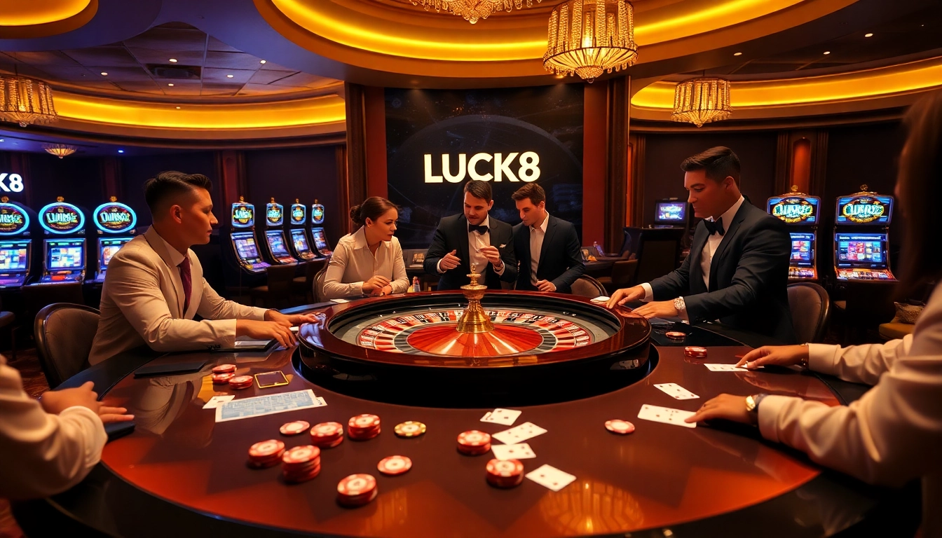 LUCK8 casino players enjoying high stakes at a vibrant roulette table.