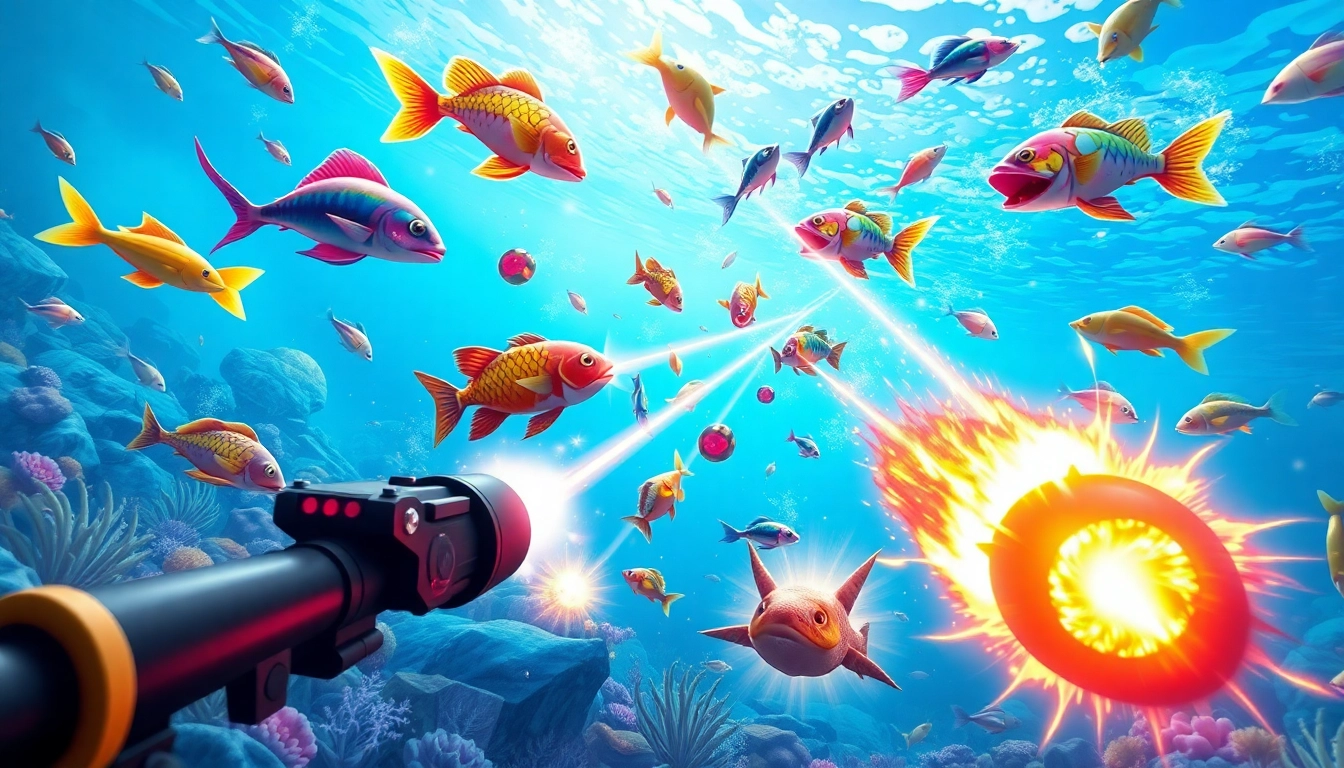 Engaging scene of bắn cá đổi thưởng gameplay featuring colorful fish and thrilling underwater action.