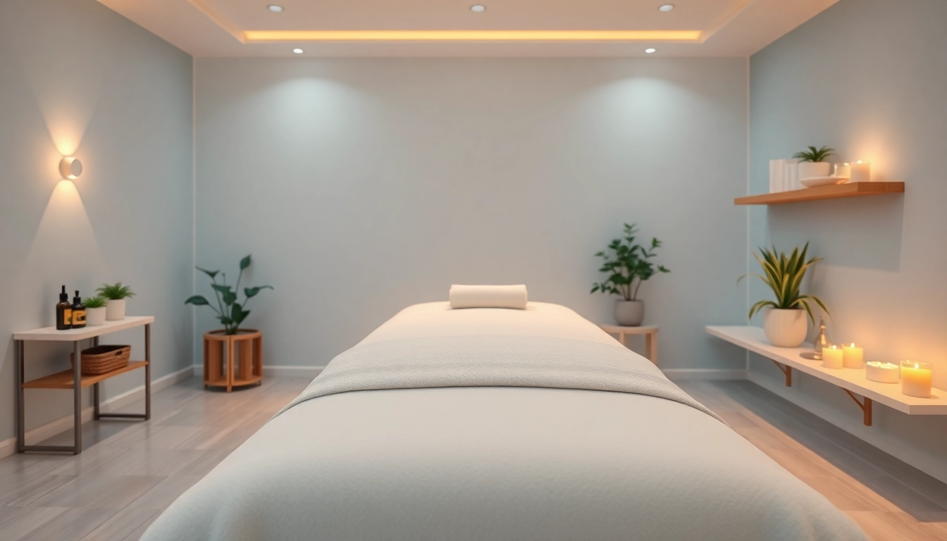 편안한 장식과 부드러운 조명이 있는 고요한 스파의 마사지 치료실 세팅.