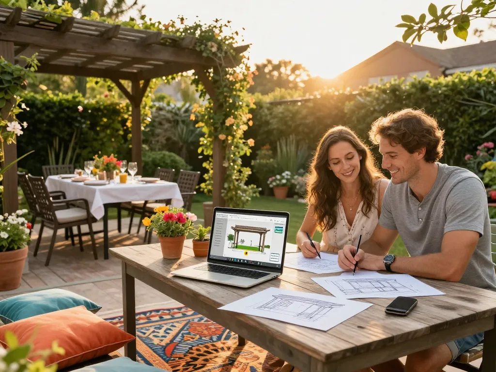 Happy couple using an online pergola configurator in a vibrant garden.