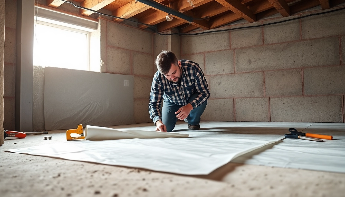 Vapor Barrier Installation being executed by a professional contractor in a basement.